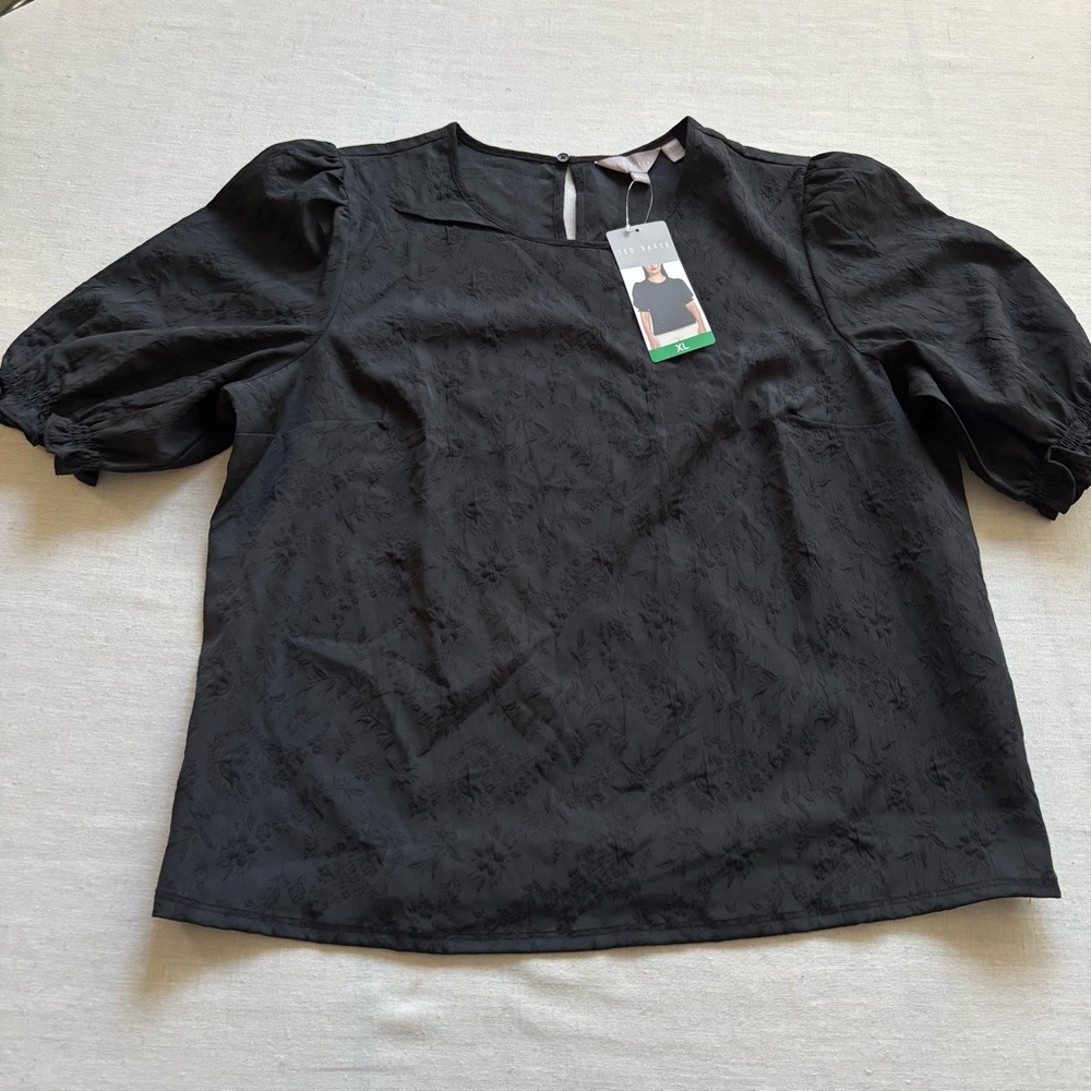 NWT Ted Baker Embroidered Black Blouse Puff Sleeve Top XL | Elegant Chic